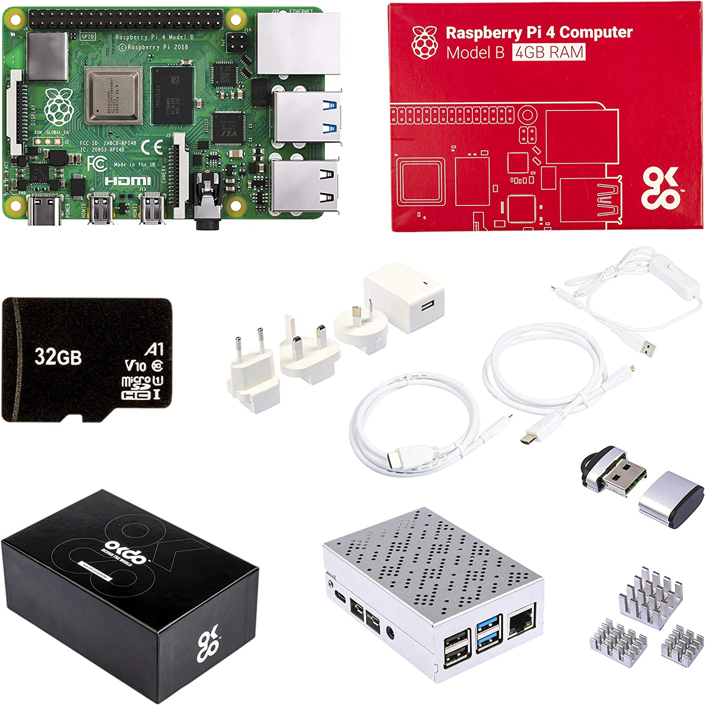 Raspberry Pi 4 Model B 4 GB Ultimatives Kit mit 64GB Class10 Micro SD-Karte, 5, 1V 3, 0A USB-C EIN/Aus-Schaltnetzteil, 3 Premium Kupfer Kühlkörper, Micro HDMI-Kabel, Premium Gehäuse