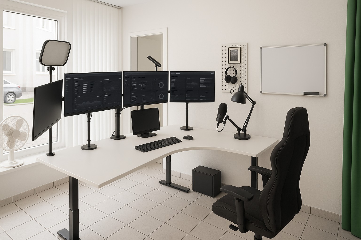 Management-Arbeitsplatz Management-Arbeitsplatz mit drei Monitoren im Think Tank Tegernsee